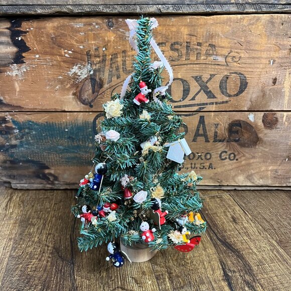 Table-Top Christmas Tree Tiny Wood Ornaments Pink Roses Vintage - Picture 5 of 8